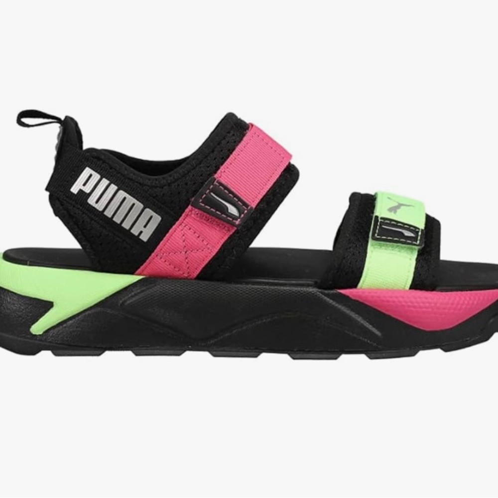 Puma Black Sandals with Pink and Green Straps - Picture 2 of 5